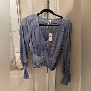 By Anthropologie Blue Satin Button Up with balloon sleeves - new with tags!